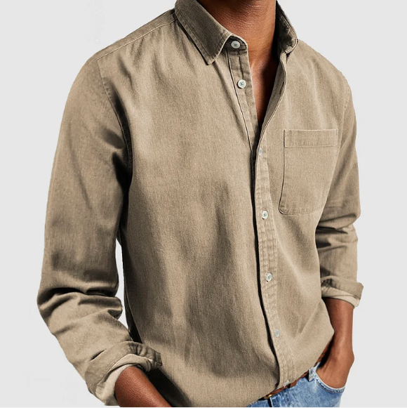 Beige Casual Denim Shirt for Men | Comfortable Cotton Blend with Chest Pocket 0