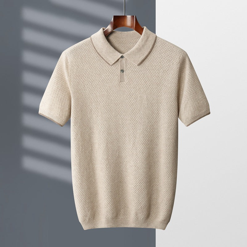 Elliot | Men's Long Sleeve Polo Shirt in Light Camel with Textured Knit Design 0