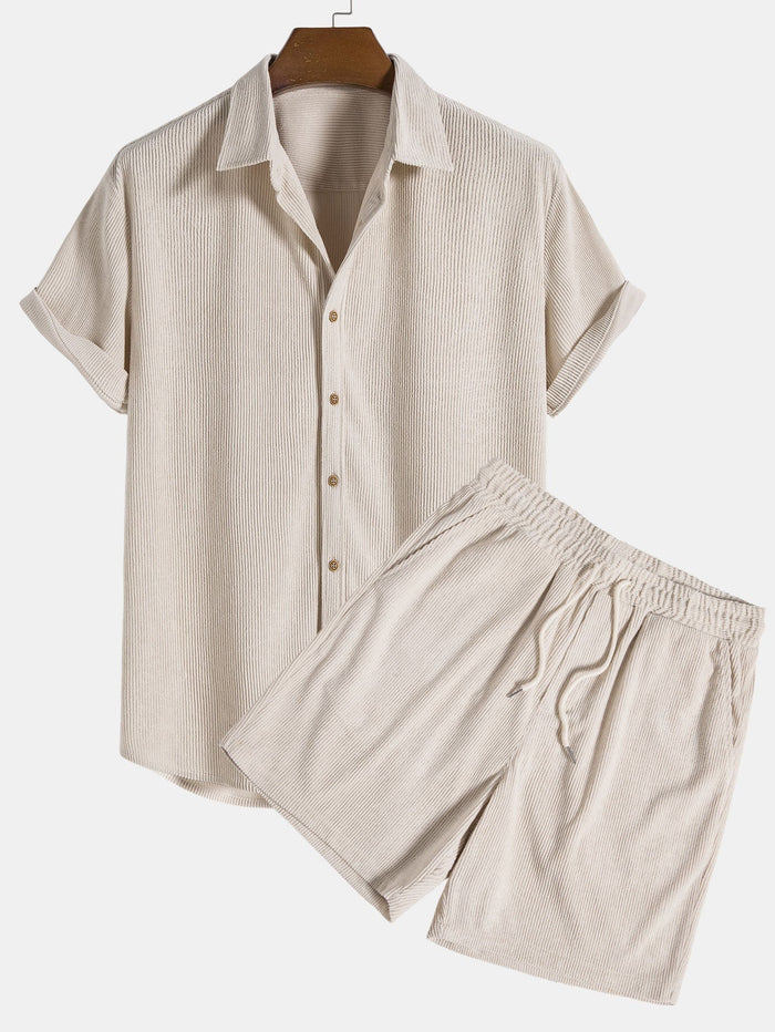 Hugo | Men's Summer Set in Soft Corduroy with Button-Up Shirt and Matching Shorts 1