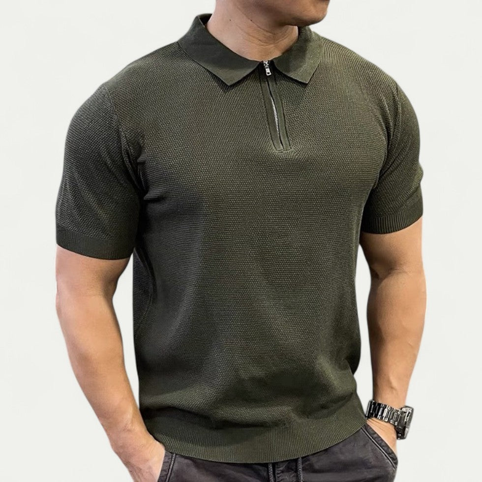 Adrian | Men's Modern Knitted Polo Shirt with Zip Collar in Army Green 0