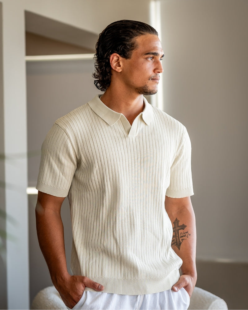 Beige Ribbed Knit Polo Shirt for Men - Short Sleeve Casual Elegance 1