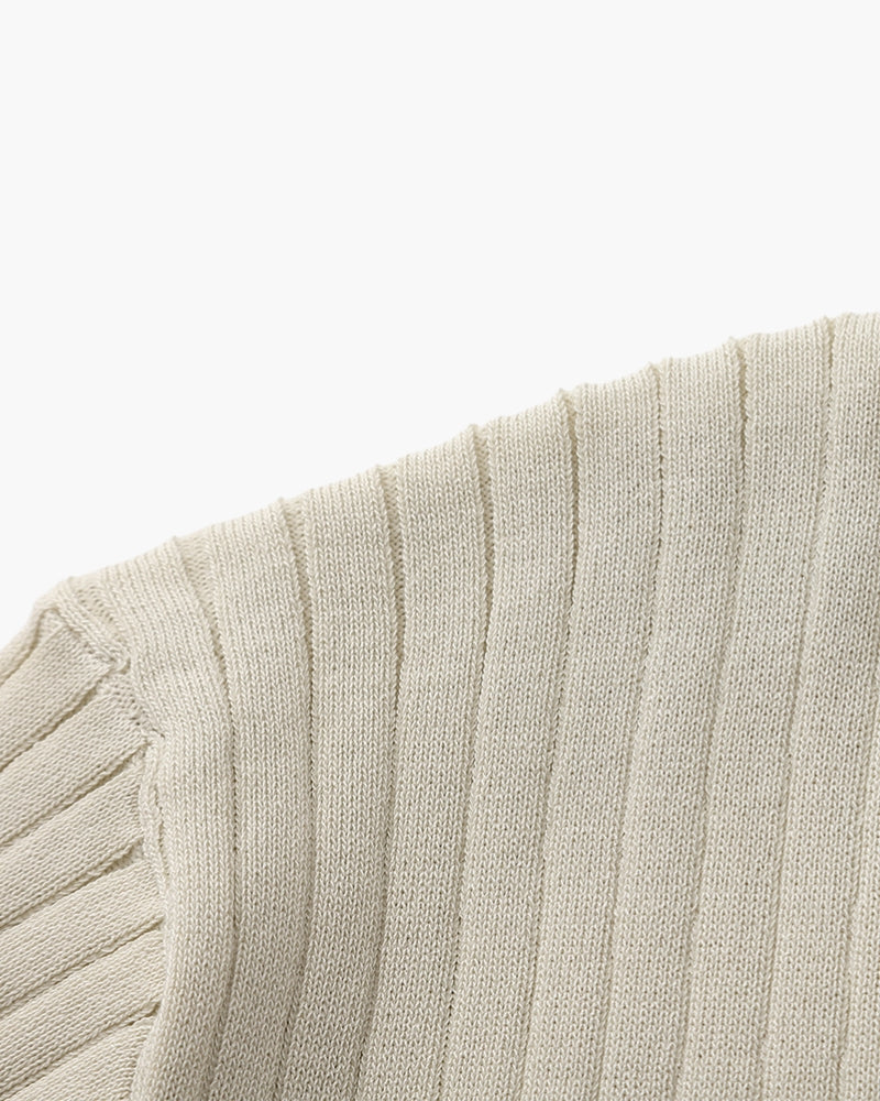 Beige Ribbed Knit Polo Shirt for Men - Short Sleeve Casual Elegance 7