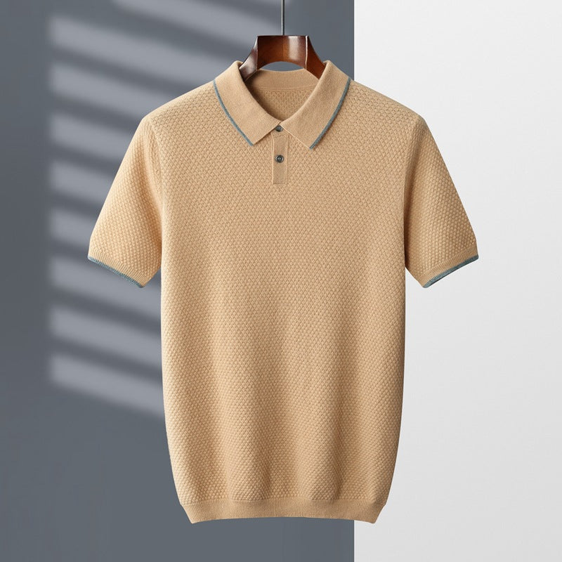 Elliot | Men's Long Sleeve Polo Shirt in Light Camel with Textured Knit Design 1