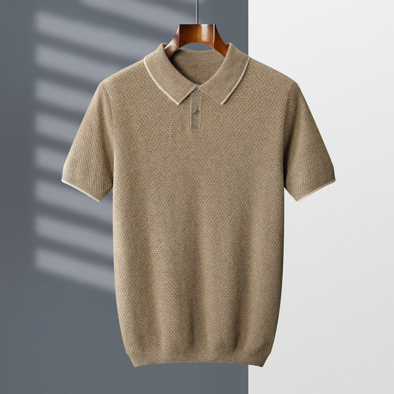 Elliot | Men's Long Sleeve Polo Shirt in Light Camel with Textured Knit Design 3
