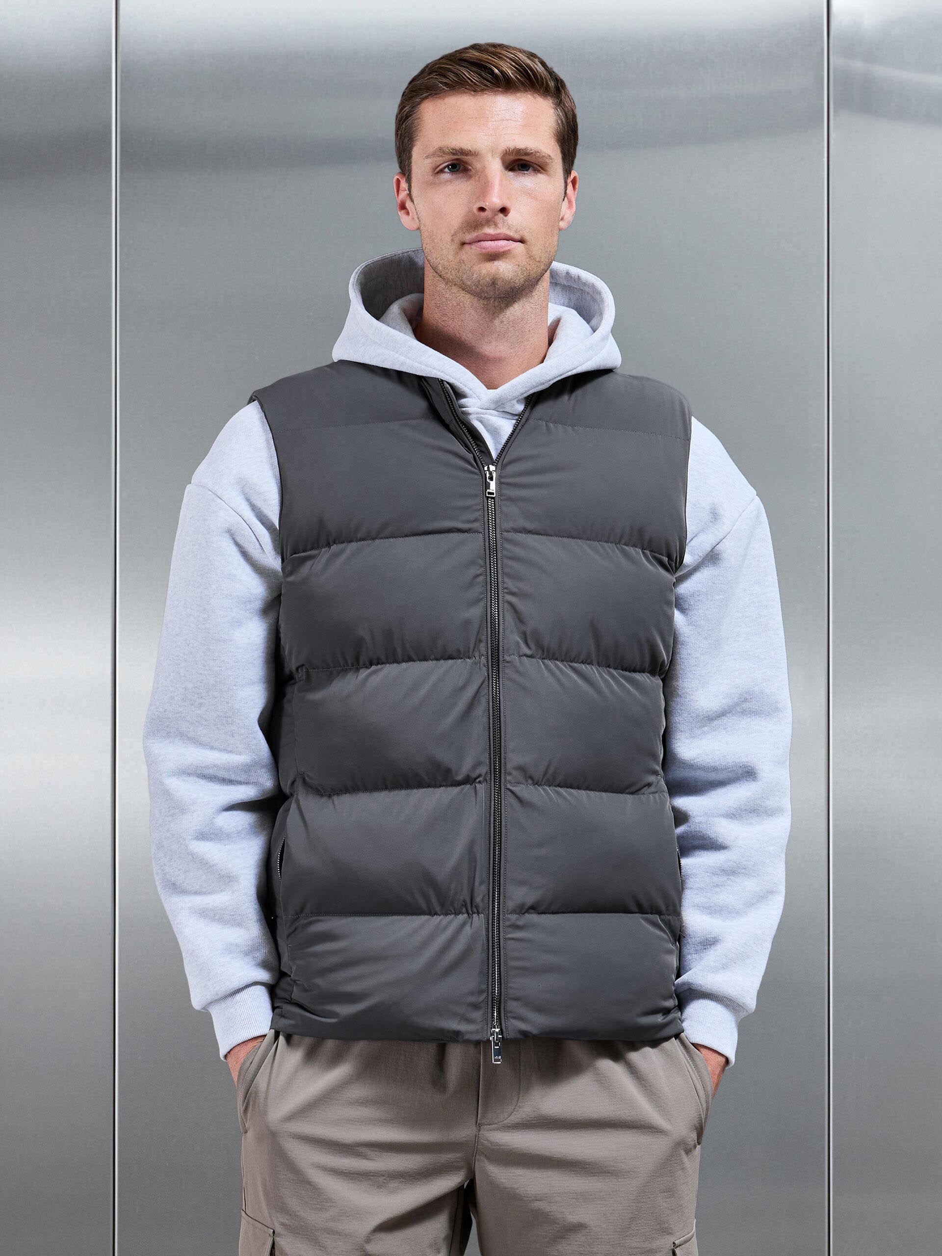 Stylish Grey Quilted Men's Gilet with Bomber Collar and Concealed Pockets 0